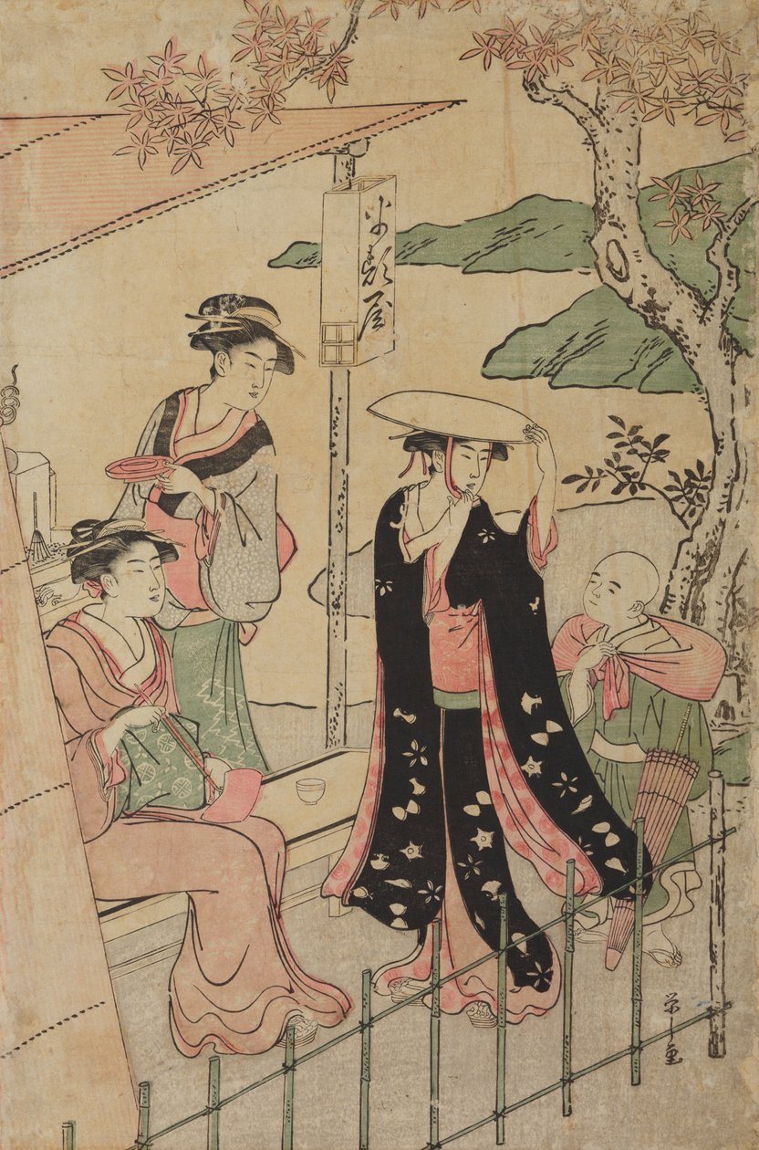 Trois femmes et un garçon devant un salon de thé au bord de la route - Chobunsai Eishi