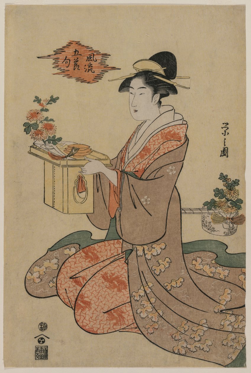 Femme tenant un support de tasse en bois décoré de chrysanthèmes..., milieu des années 1790 - Chobunsai Eishi
