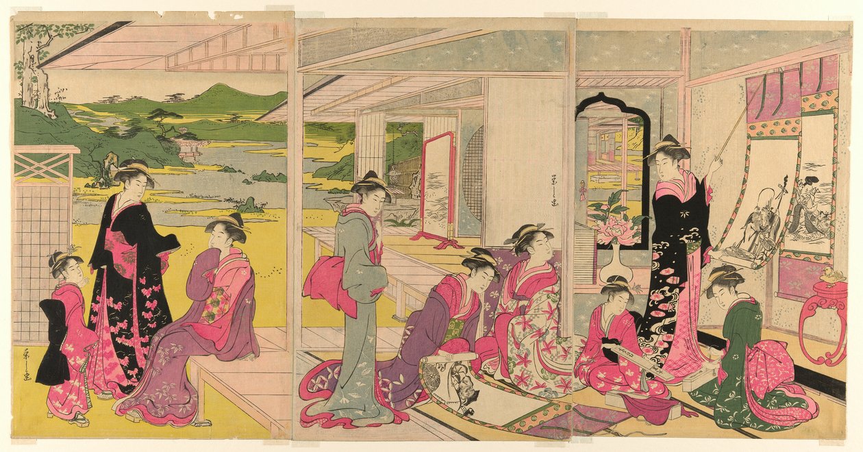 Femmes regardant des peintures en rouleau des dieux de la bonne fortune - Chobunsai Eishi