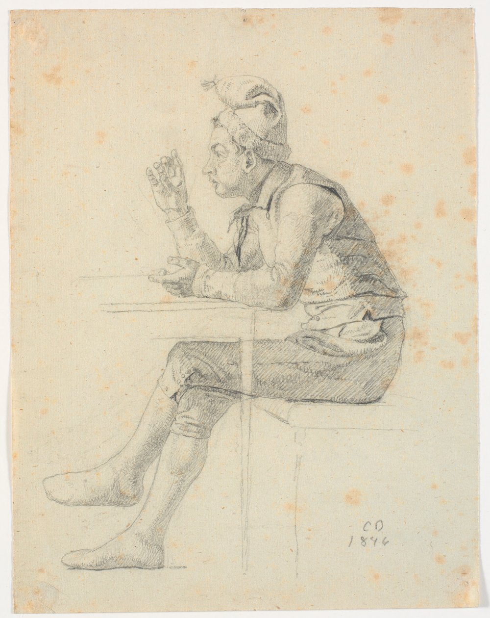 Garçon de ferme avec un bonnet à pompon à une table - Christen Dalsgaard