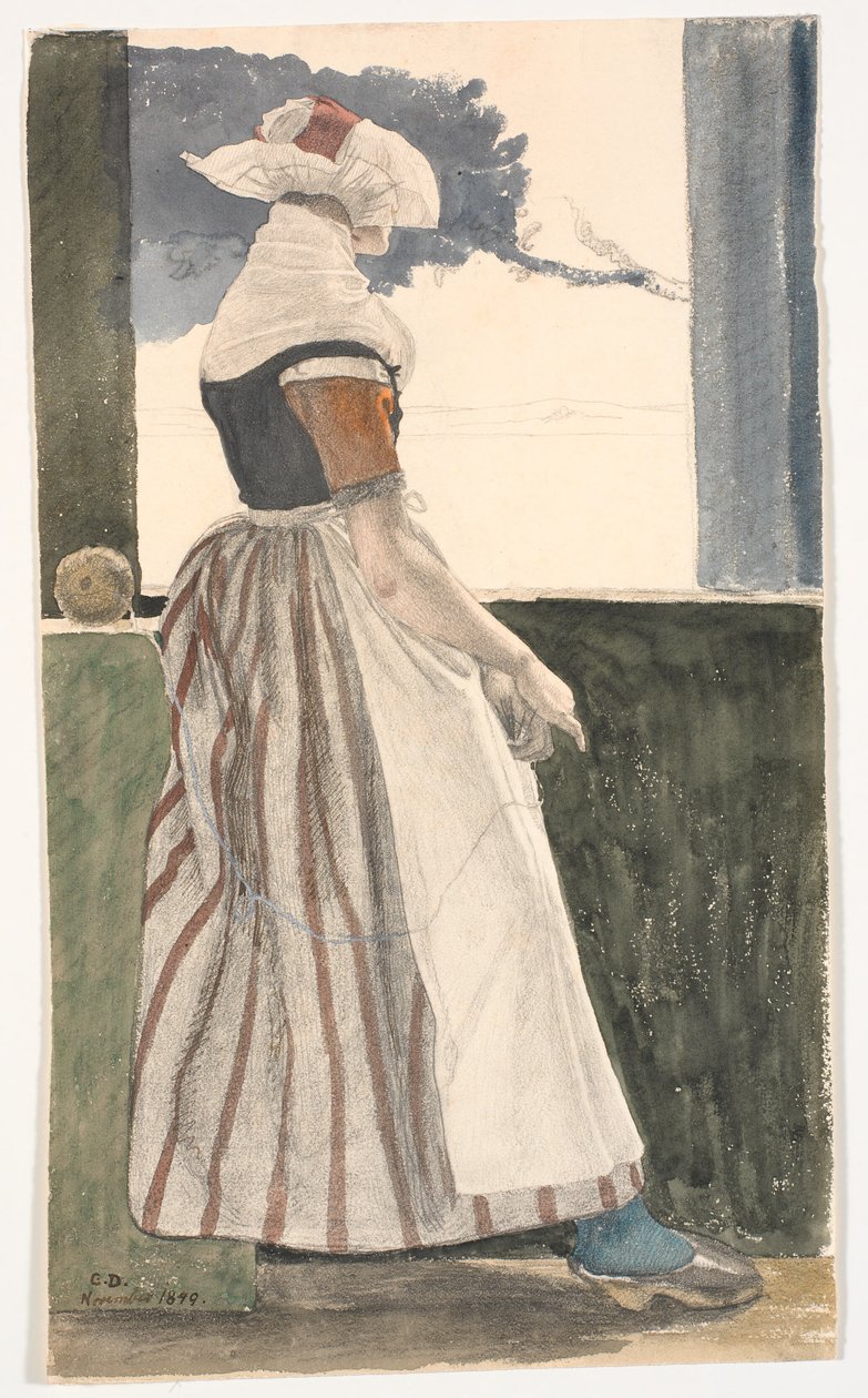 Jeune Fille Tricotant en Costume de Salling, Regardant par une Fenêtre - Christen Dalsgaard