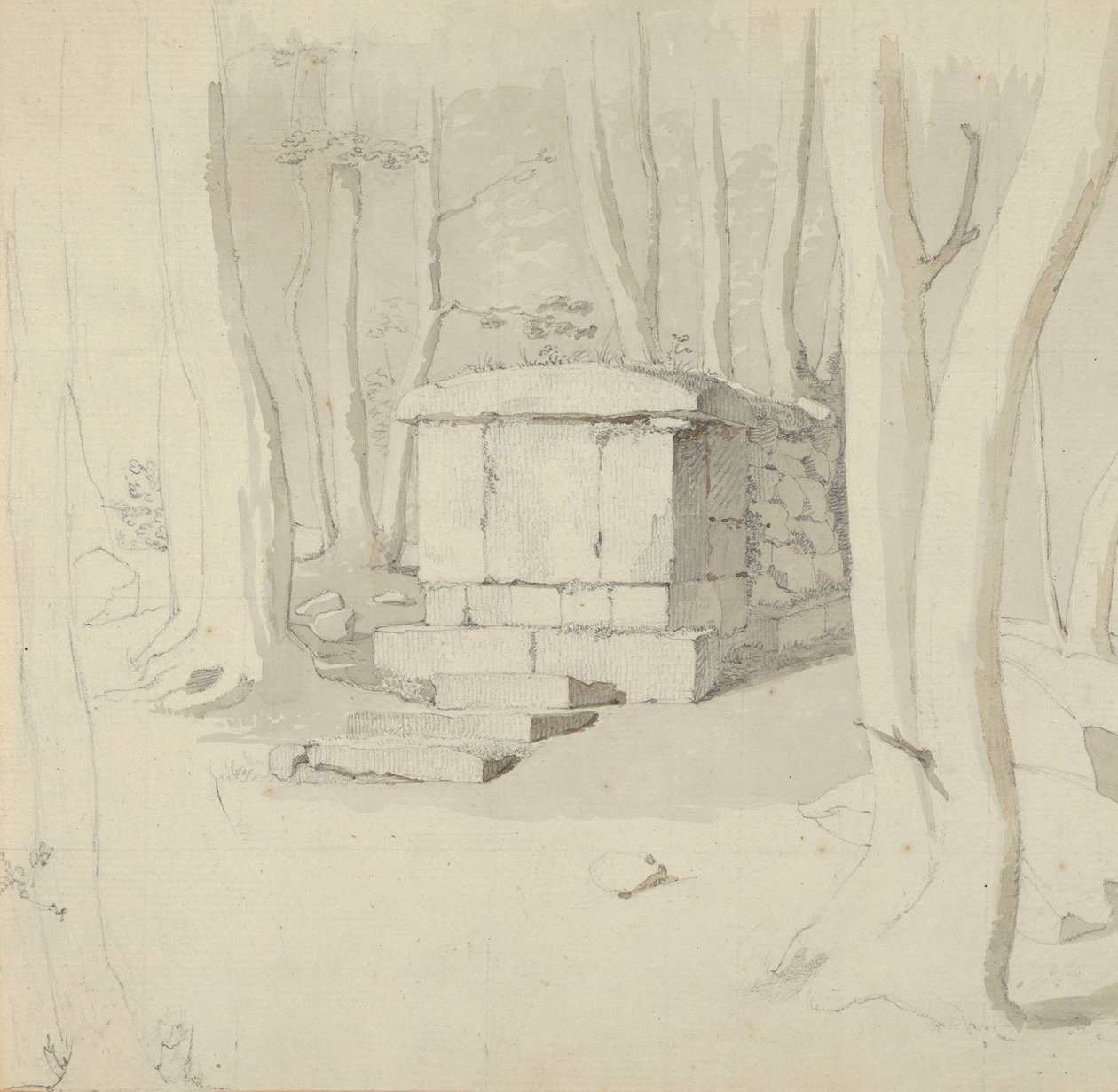 Tombe en pierre dans une forêt, verso : Étude d