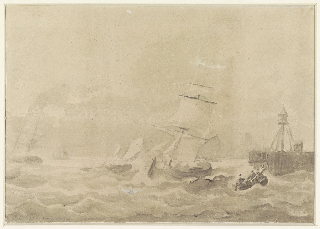 Mer agitée avec des voiliers - Christiaan Cornelis Kannemans