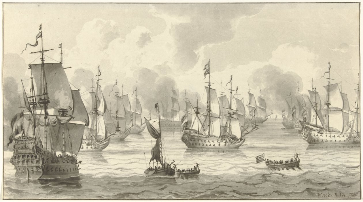 Vue de mer avec flotte de guerre - Christiaan Josi