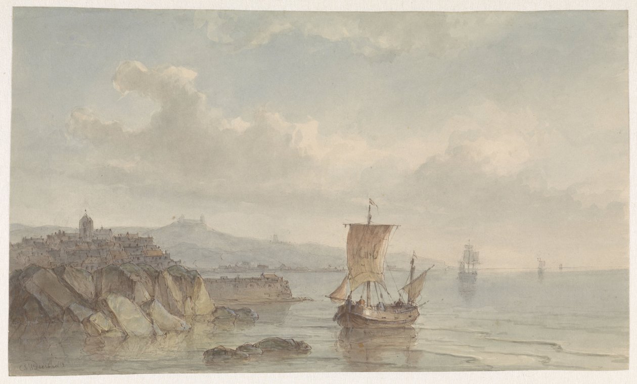 Paysage côtier avec port et navires sur l