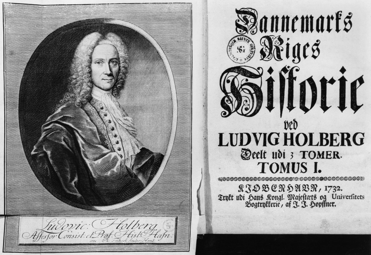 Baron Ludvig Holberg (1684-1754) et la page de titre du Volume I de son Histoire du Danemark, publié à Copenhague, 1732 - Christian Friedrich Fritzsch