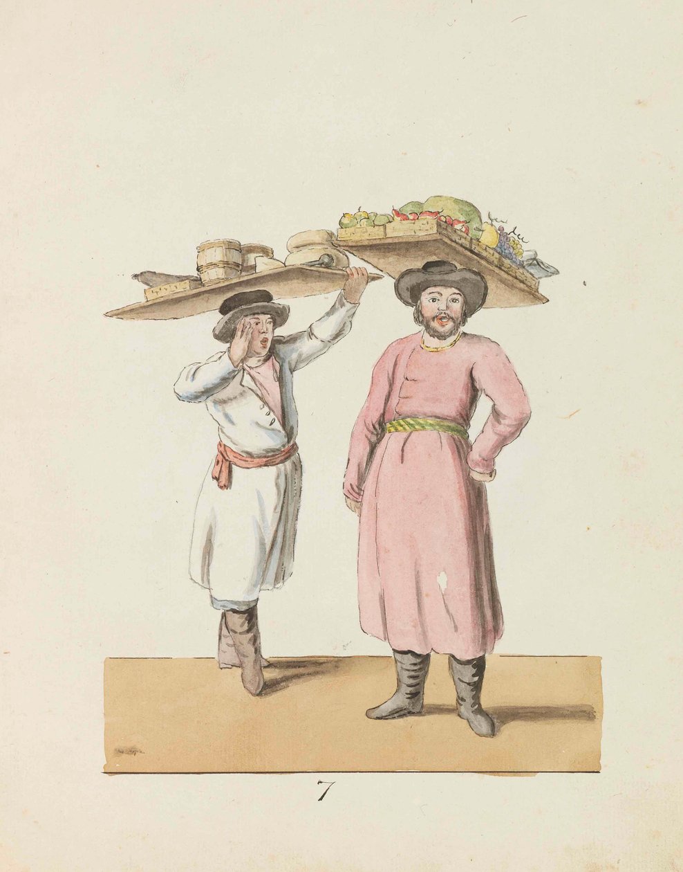 Vendeuse de fruits et paysan vendant du fromage et du hareng de la série The St. Petersburg..., 1799 - Christian Gottfried Heinrich Geissler