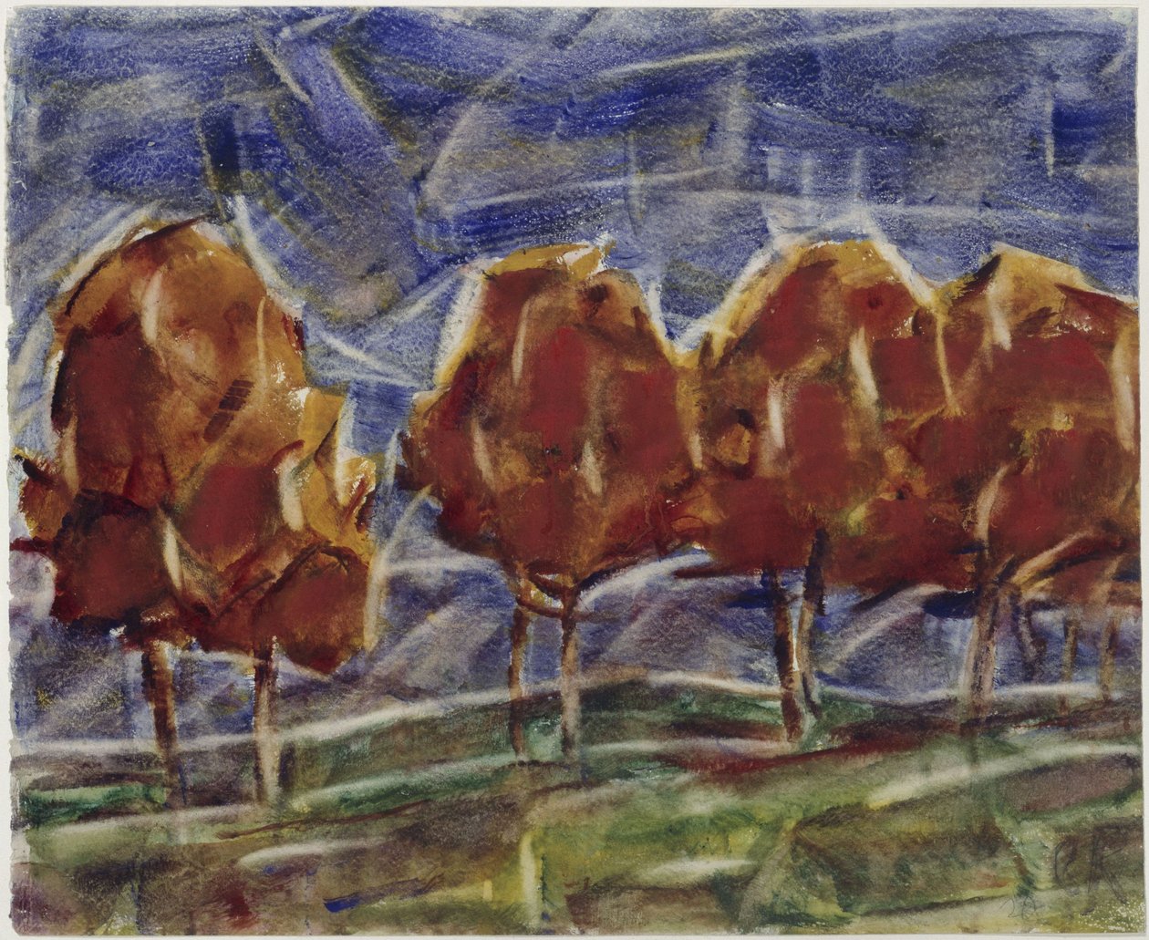 Route de campagne avec des arbres rouges sur fond de ciel bleu - Christian Rohlfs
