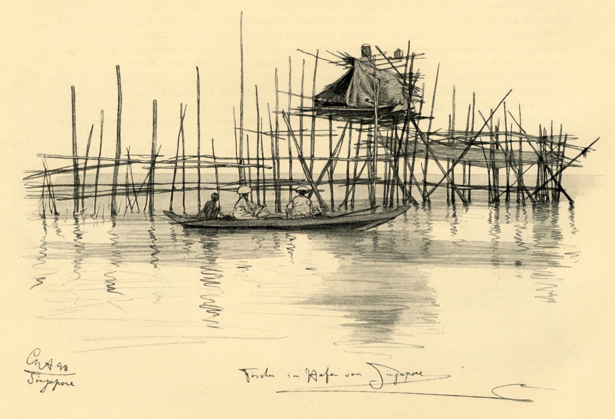 Maison sur pilotis et pêcheurs dans le port de Singapour - Christian Wilhelm Allers