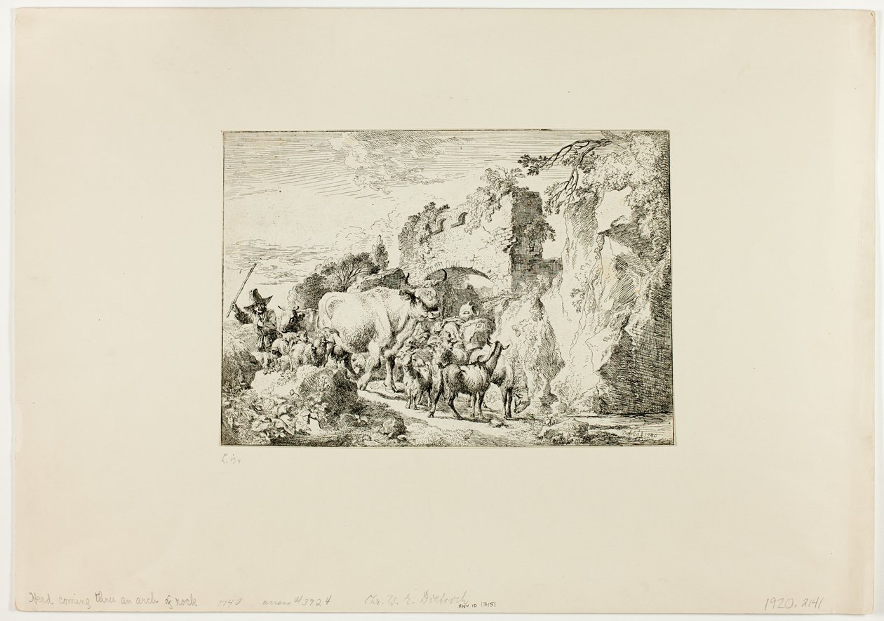Troupeau passant par une arche de roche - Christian Wilhelm Ernst Dietrich