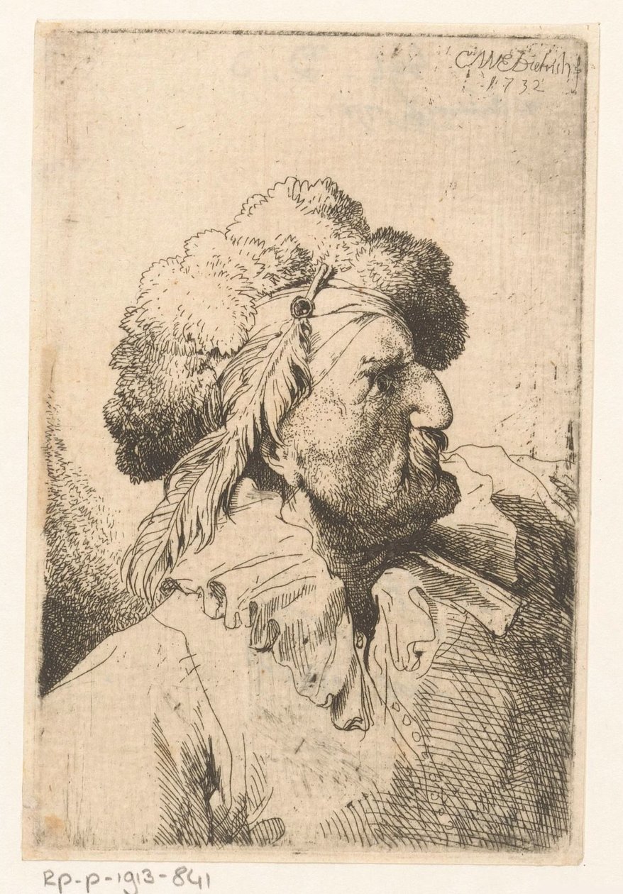 Homme avec bonnet de fourrure et plume - Christian Wilhelm Ernst Dietrich