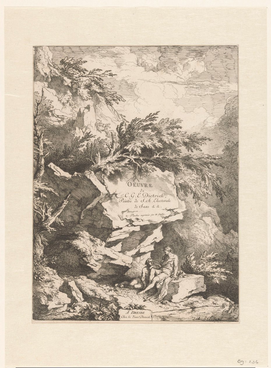 Paysage rocheux avec deux figures reposant sur une pierre (série: Œuvre de C. G. E. Dietrich) - Christian Wilhelm Ernst Dietrich