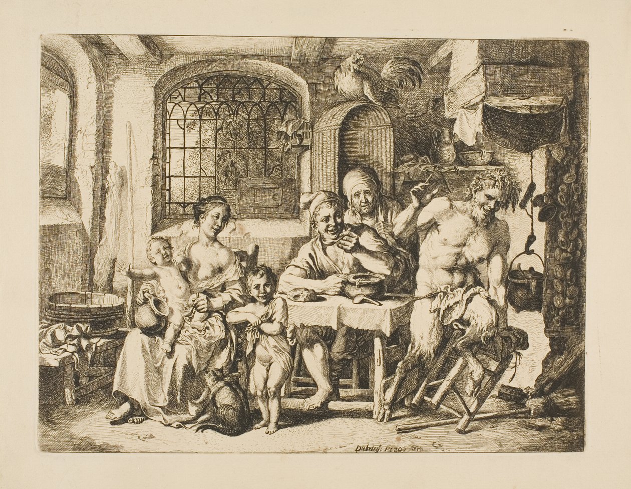 Satyre dans une maison de paysan, dans le style de Jordaens - Christian Wilhelm Ernst Dietrich