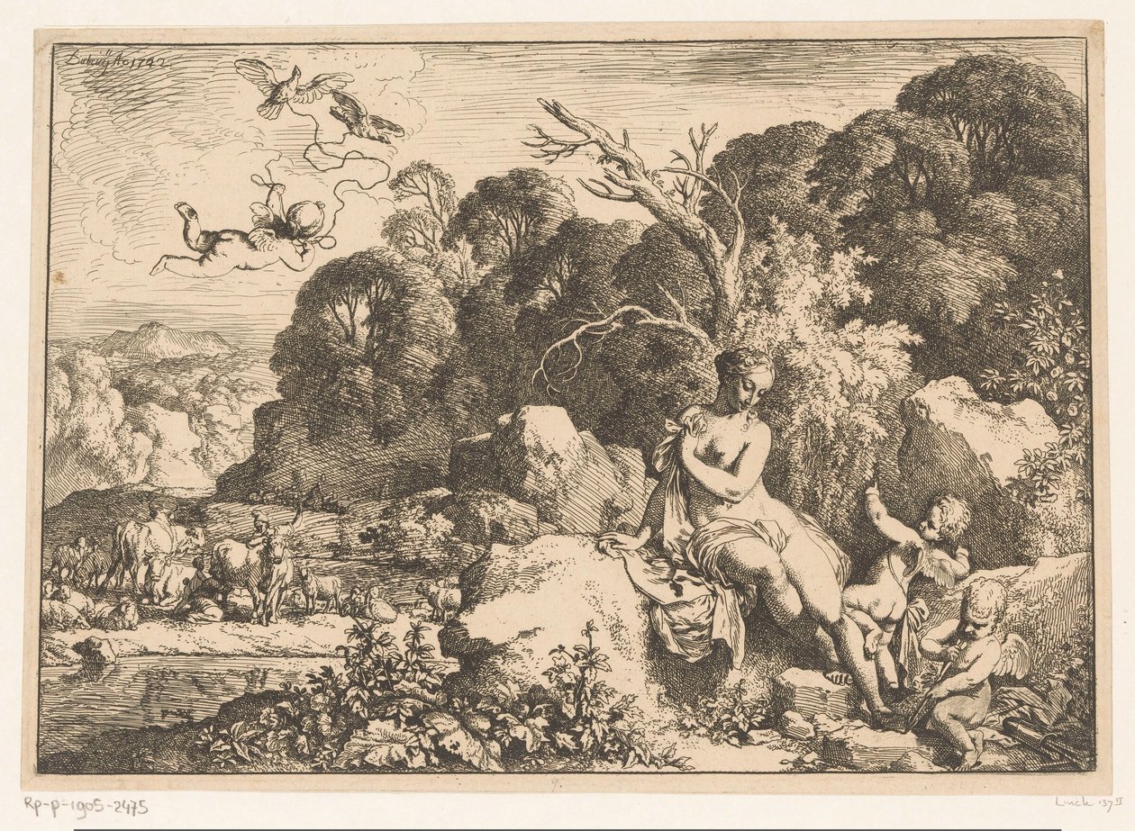 Vénus assise sur un rocher, accompagnée de trois putti - Christian Wilhelm Ernst Dietrich