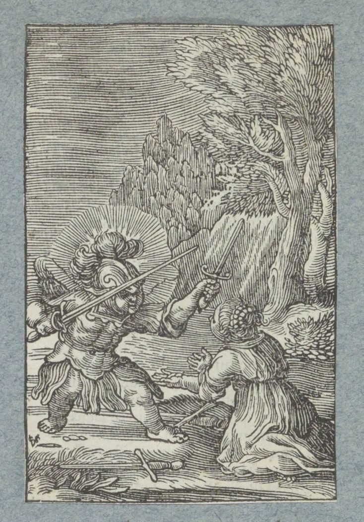 Enfant se rendant à un ange vêtu en chevalier - Christoffel van Sichem (II)