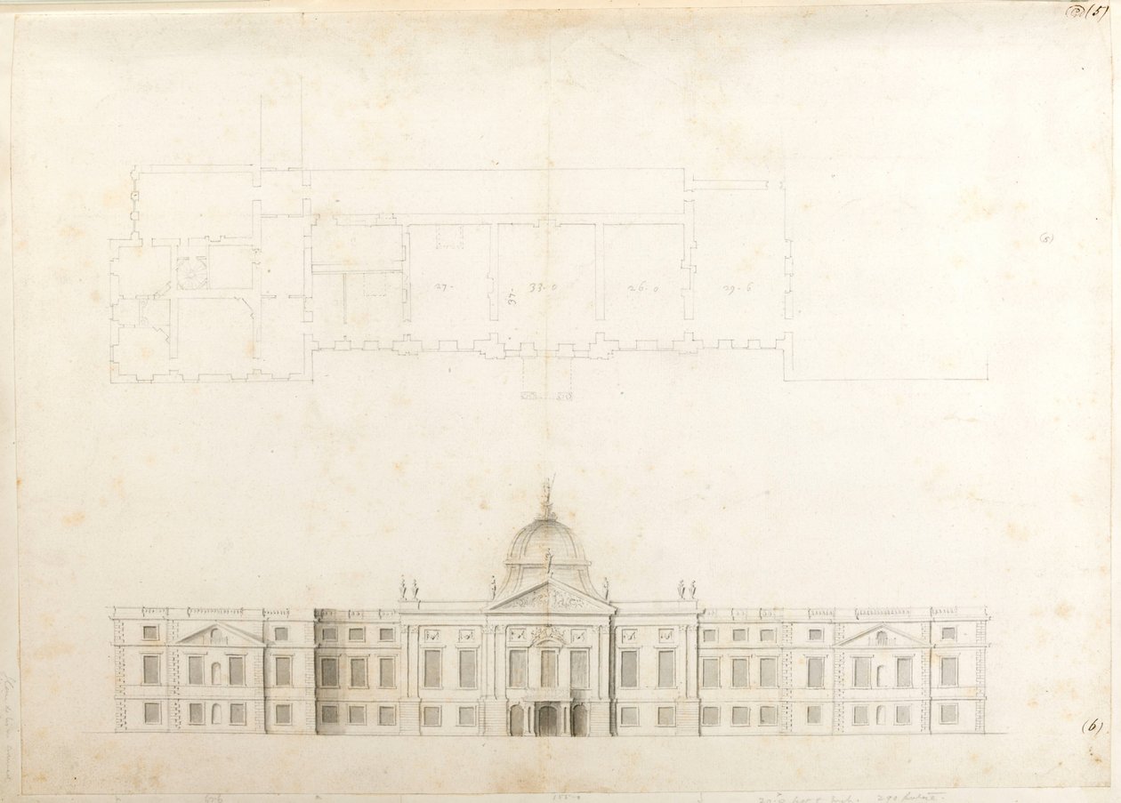 Palais de Hampton Court, plan partiel et élévation esquissée pour une façade d