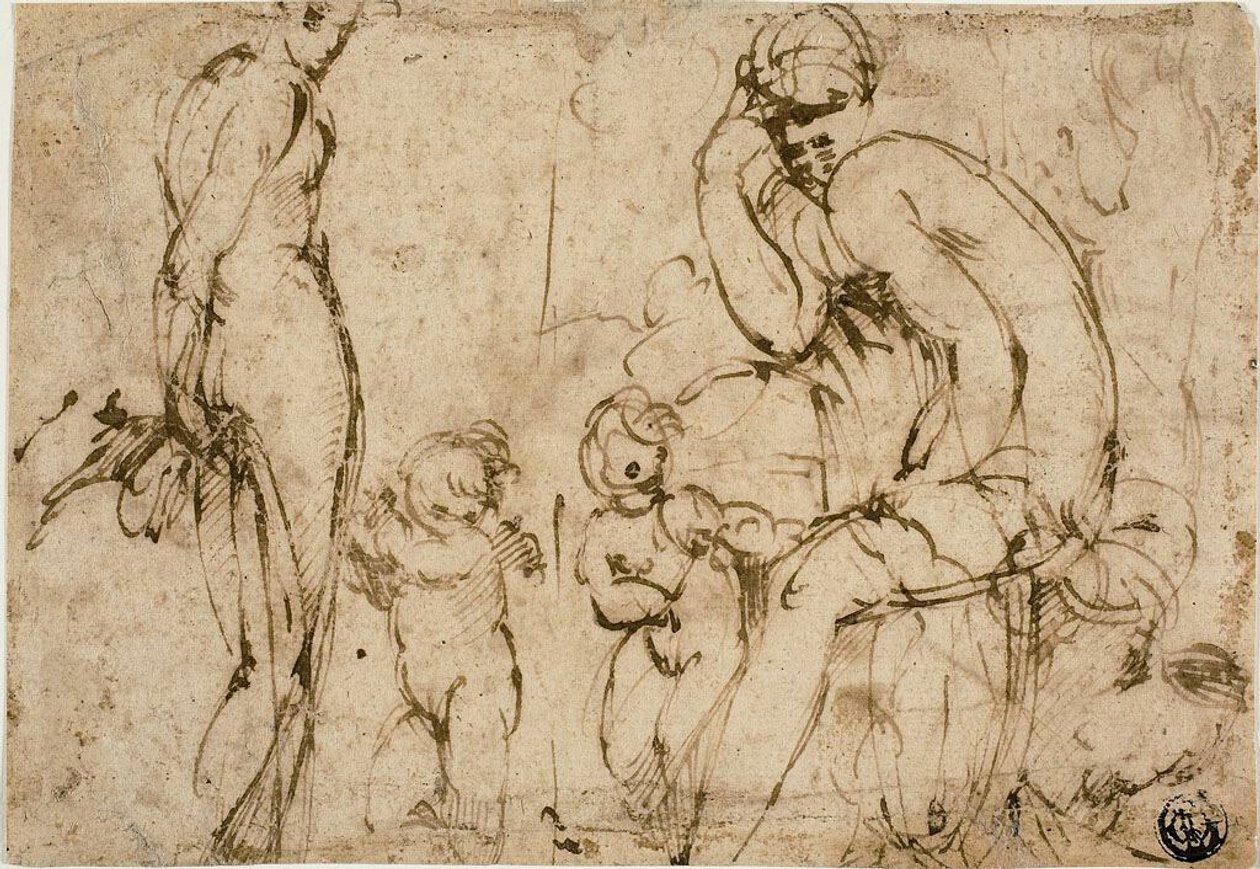 Vénus et Mars avec Putti (recto) ; Homme barbu se déplaçant vers la droite (verso) - Circle of Parmigianino