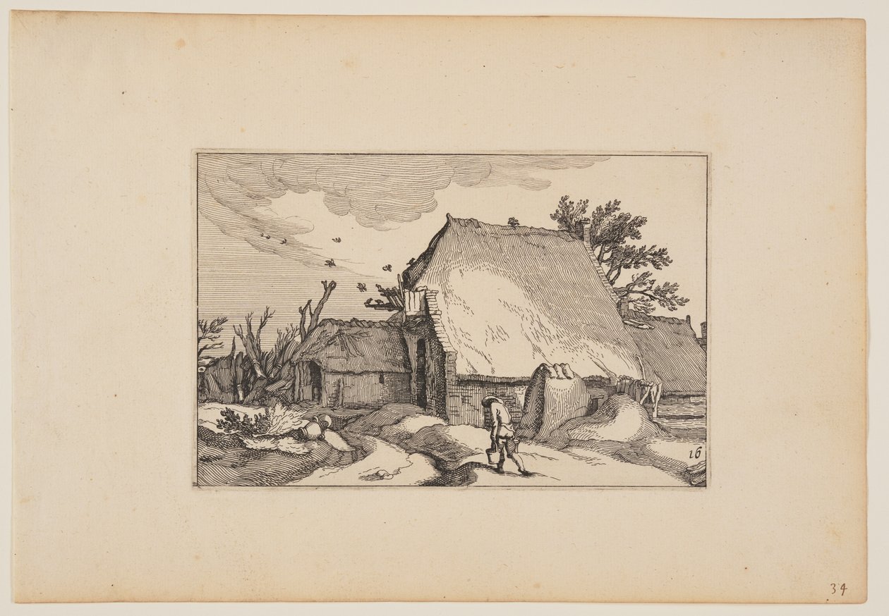Une ferme, un homme avec deux seaux sur le chemin devant, tiré de Paysages (Verscheyden aerdige Lanthuysen...) - Claes Jansz. Visscher