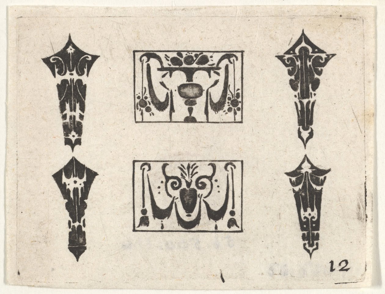 Gravure en noir avec deux panneaux horizontaux et quatre cabochons - Claes Jansz Visscher