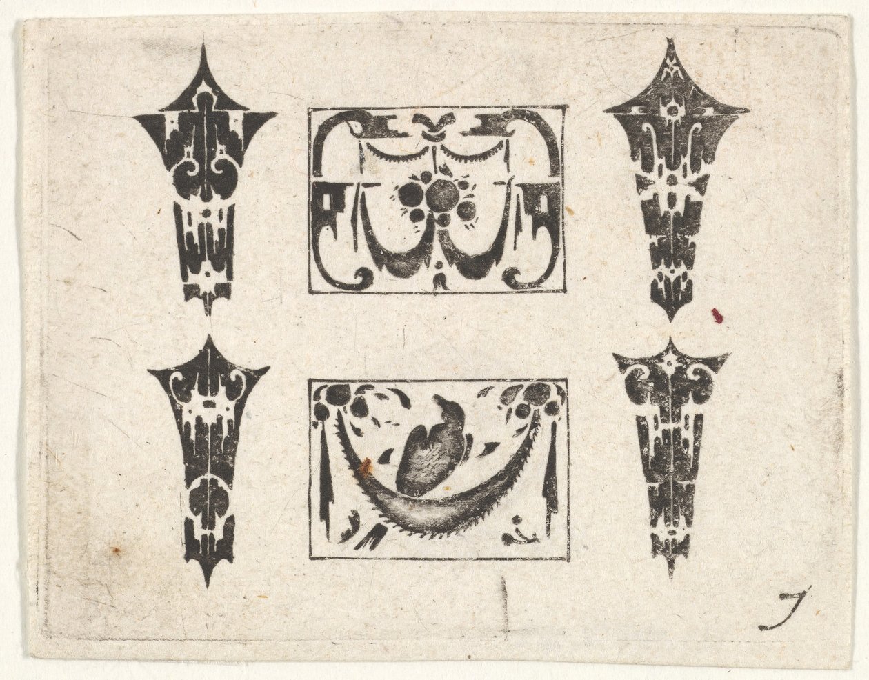Gravure en noir avec deux panneaux horizontaux et quatre cabochons - Claes Jansz Visscher