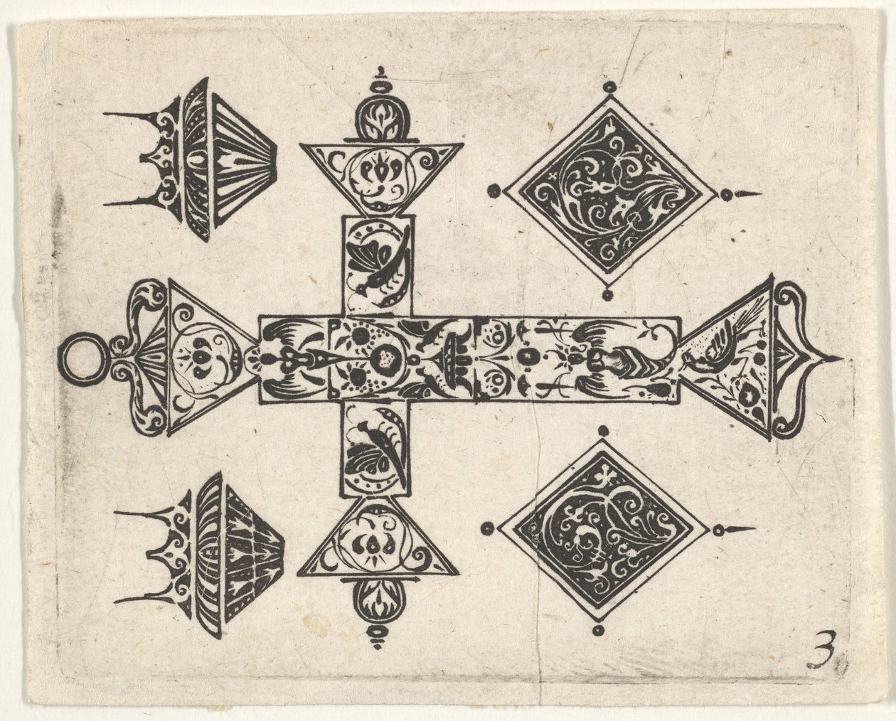 Gravure en noir avec une croix latine et quatre motifs, vers 1620 - Claes Jansz Visscher