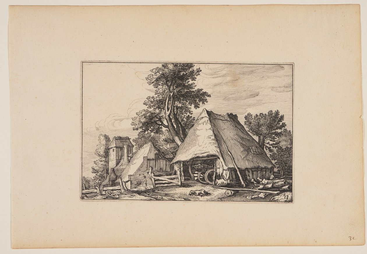 Ferme avec abri pour une charrette, extrait de Paysages (Verscheyden aerdige Lanthuysen...) - Claes Jansz. Visscher
