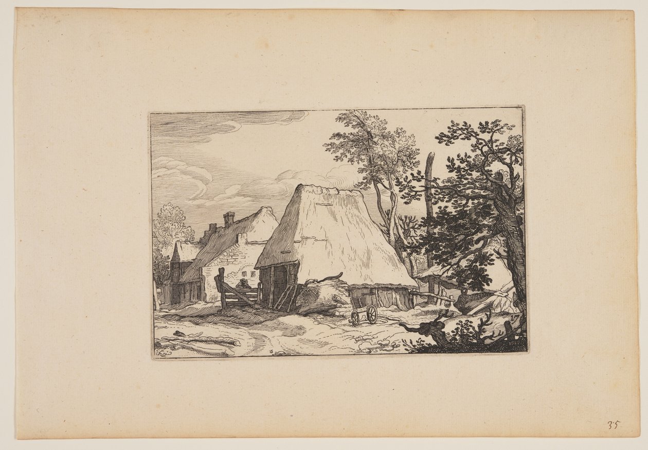 Cour de ferme, homme se reposant sur une clôture à gauche du centre, extrait de Paysages (Verscheyden aerdige Lanthuysen...) - Claes Jansz. Visscher