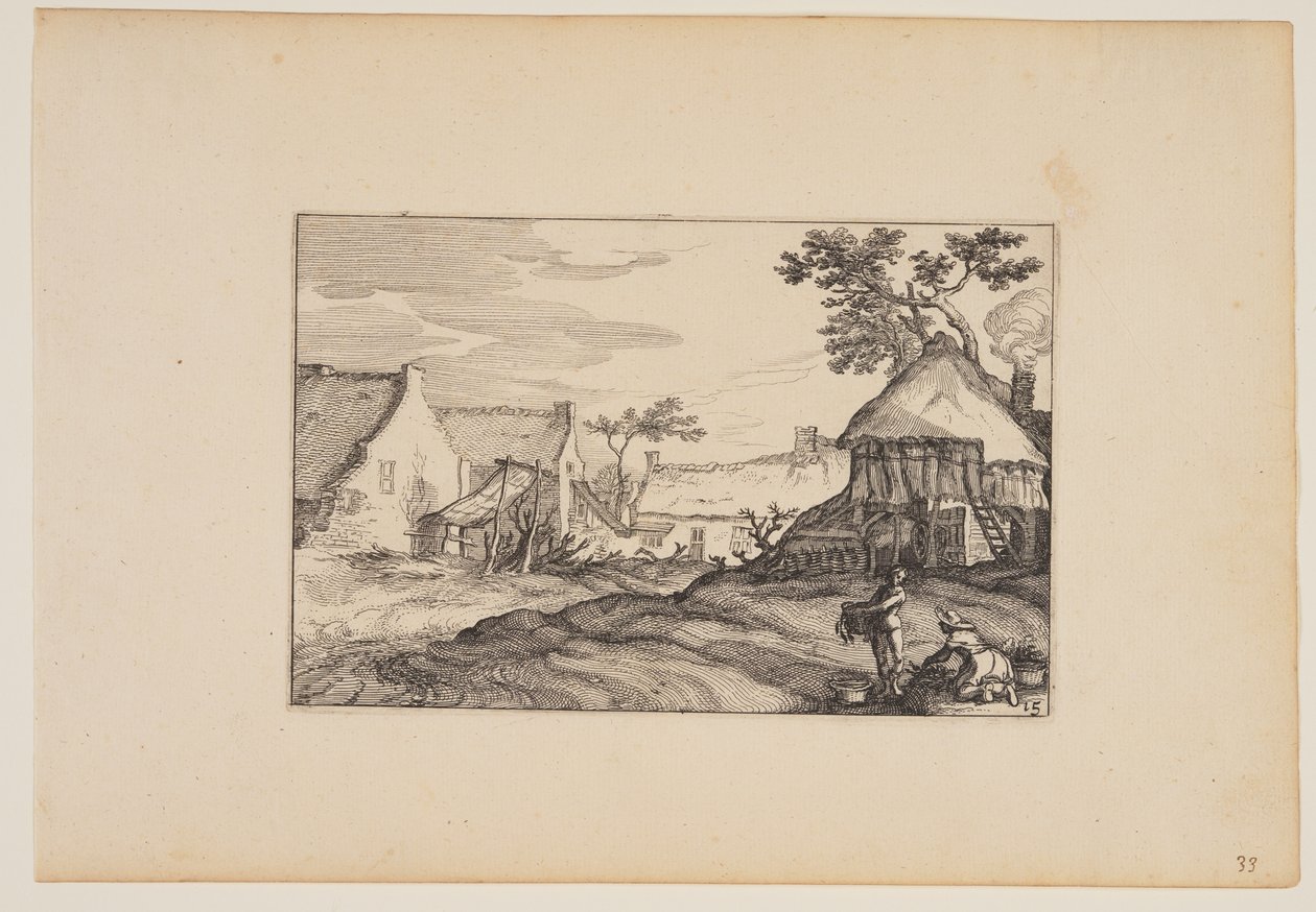 Cour de ferme Jeune homme et femme au premier plan, extrait de Paysages (Verscheyden aerdige Lanthuysen...) - Claes Jansz. Visscher