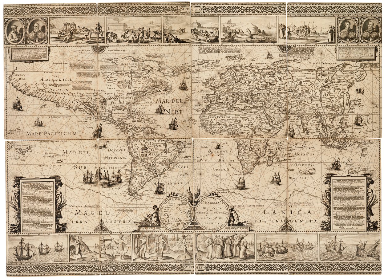 La feuille est un composite de huit sections et une gravure, collée sur carton. Échelle : environ 1:35,000,000. - Claes Jansz Visscher