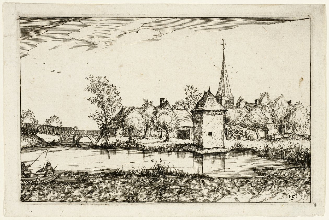 Étang et village, planche quinze après Images de fermes, de maisons de campagne et de villages rustiques (Praediorum villarum et rusticarum casularum icones) - Claes Jansz. Visscher II