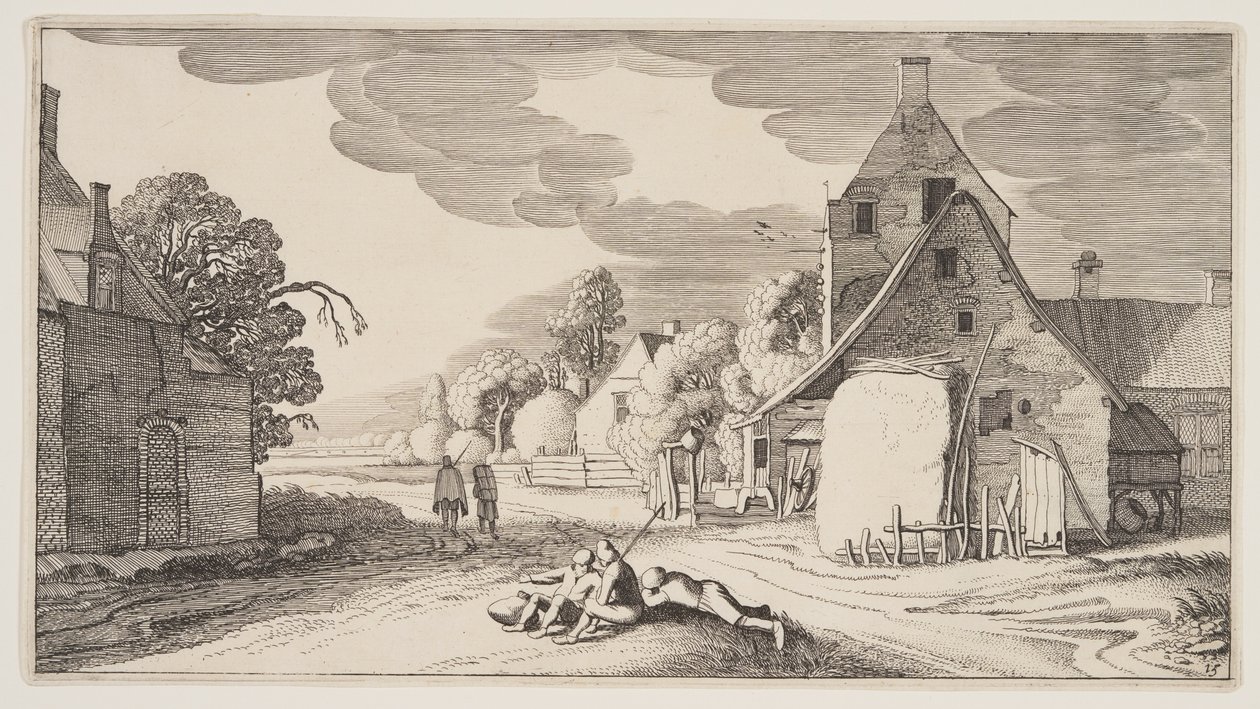 Trois paysans se reposant à un carrefour dans un village, extrait de Paysages (Playsante Lantschappen) - Claes Jansz. Visscher II