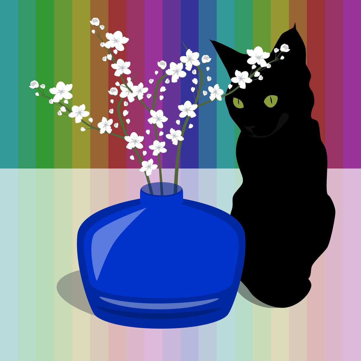 Vase en verre bleu avec fleurs et chat noir - Claire Huntley