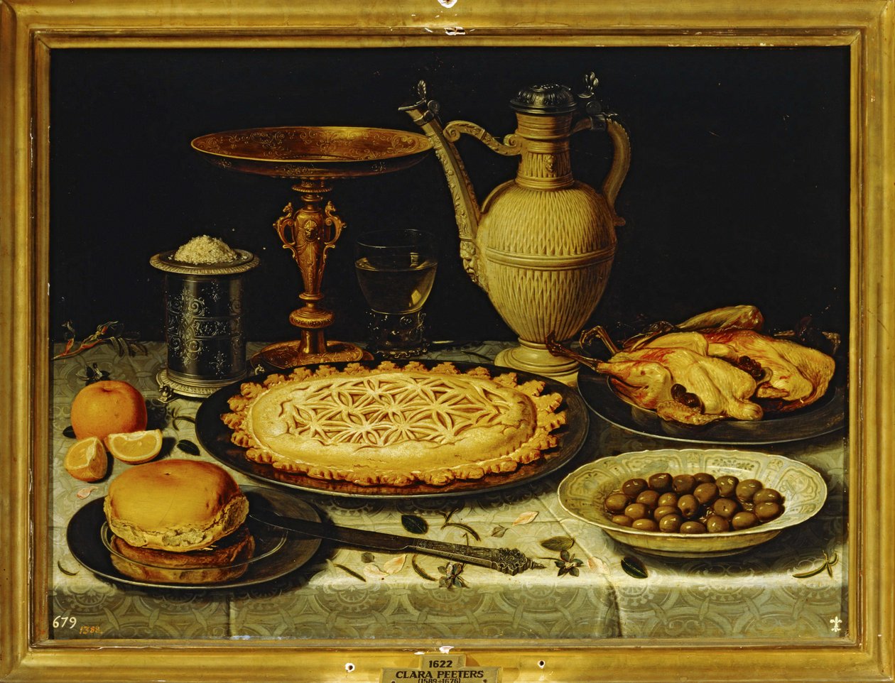 Nature morte - Repas avec poulet rôti, pain et olives ... - Clara Peeters