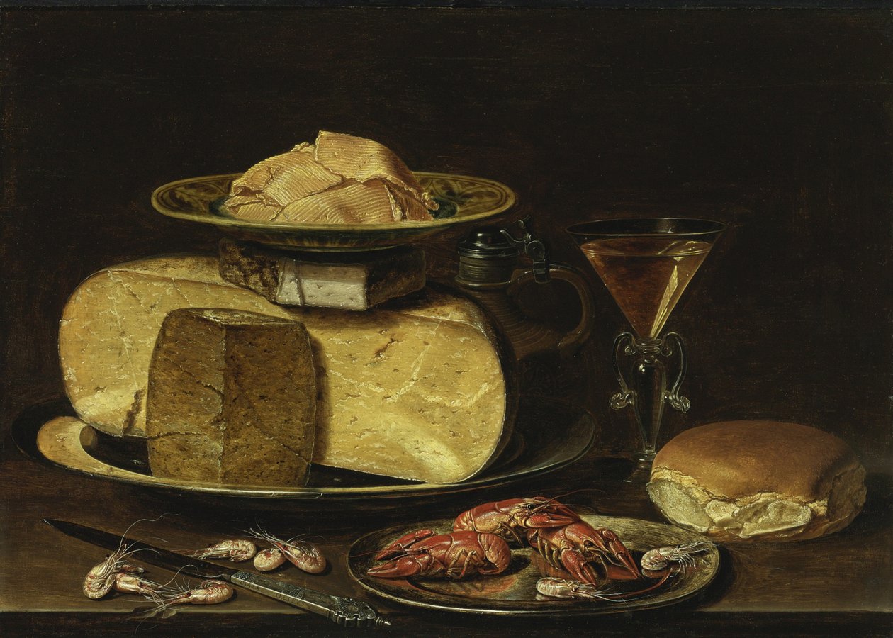 Nature morte avec fromages, verre à la façon de Venise et écrevisses sur une assiette en étain - Charlotte Evans