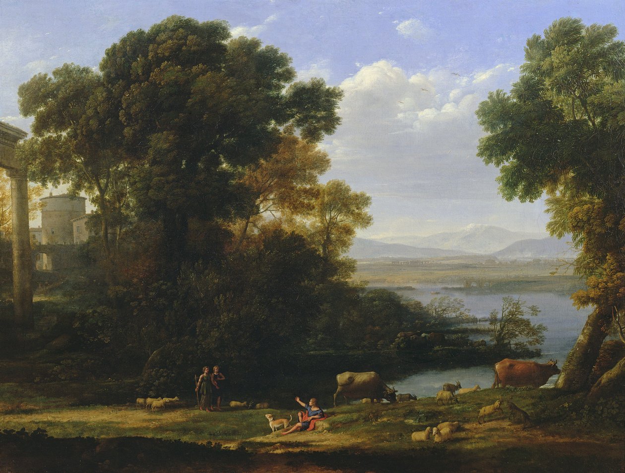 Scène de rivière classique avec vue sur une ville - Claude Lorrain
