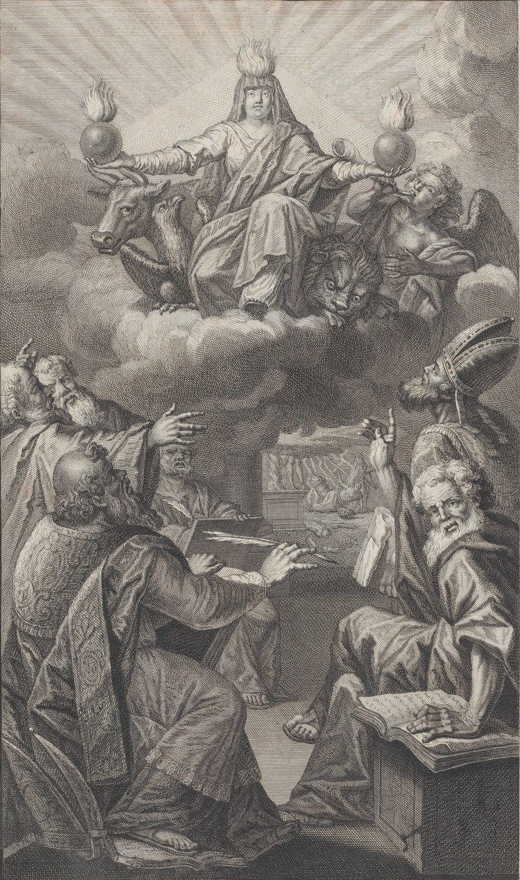 Figure allégorique apparaissant sur des nuages au-dessus d