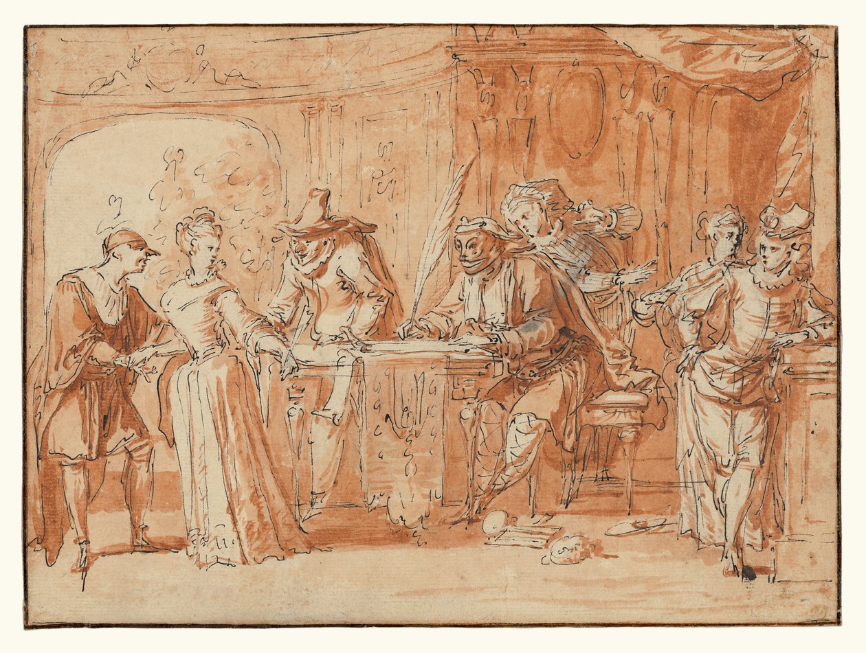 Szene aus der italienischen Komödie (recto); Figurenstudie (verso) - Claude Gillot