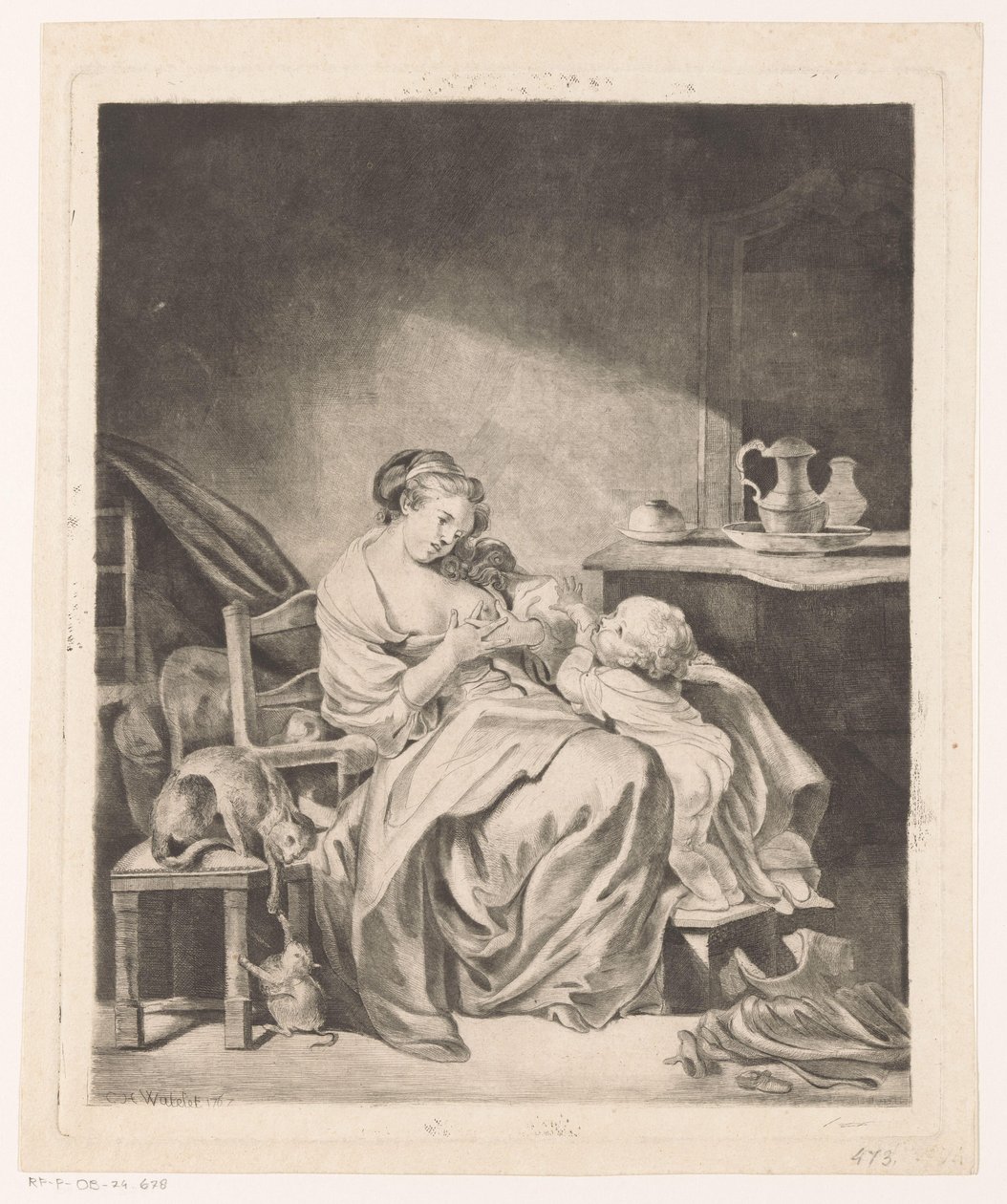 Intérieur avec une femme assise nourrissant son enfant - Claude Henri Watelet