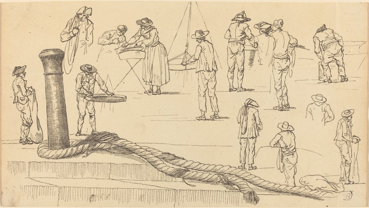 Figures sur le quai et une longueur de corde attachée à une bitte d