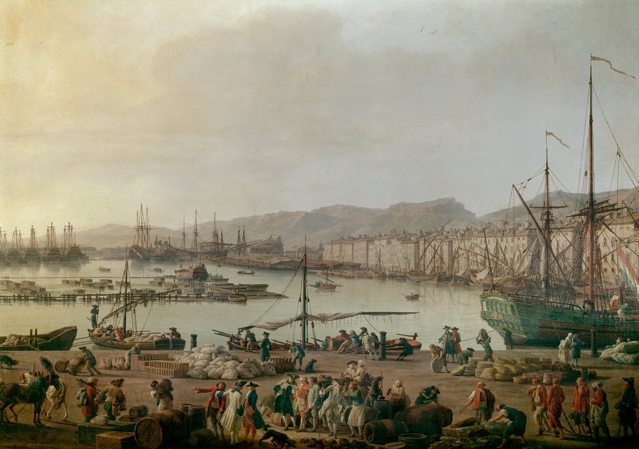 Vue du port de Toulon Détail, le vieux port, vue prise de la côte des magasins. Peinture par Joseph Vernet (1714-1789) 1756. Paris, Musée de la Marine - Vue du port de Toulon. Détail. Peinture par Joseph Vernet (1714-1789), huile sur toile - Claude Joseph Vernet