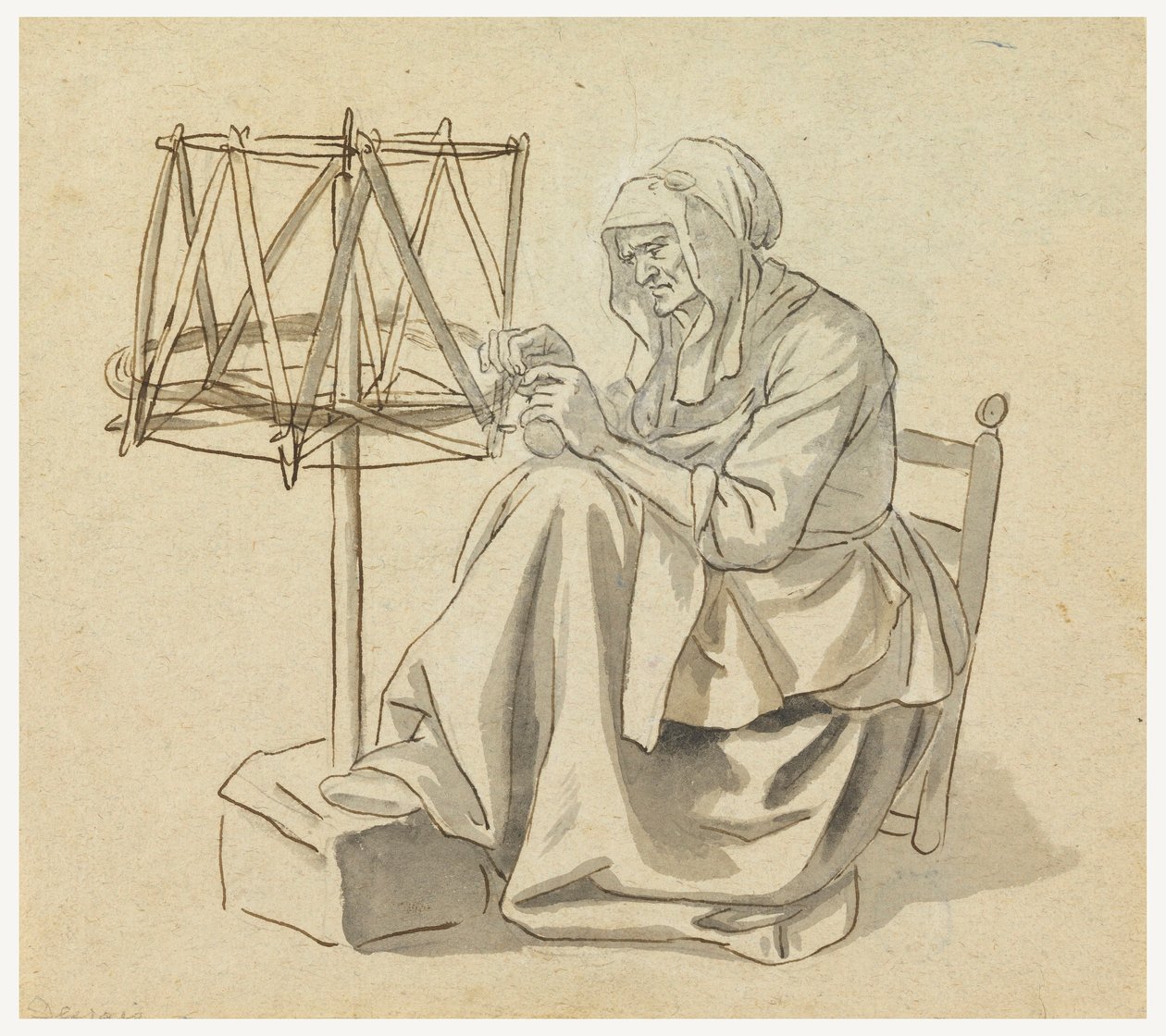 Dessin, une vieille femme en train de filer, 1810-30 - Claude Louis Desrais