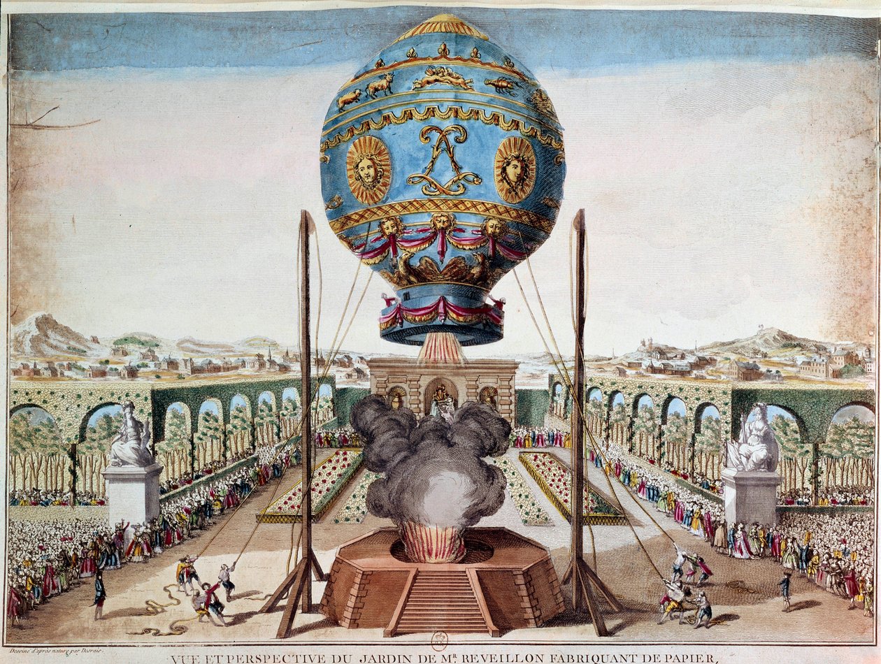 Expérience des frères Montgolfier le 19 octobre 1783 dans le jardin de Monsieur Réveillon, faubourg Saint Antoine à Paris. Gravure de Desrais Claude Louis Desrais (1746-1816) - Claude Louis Desrais