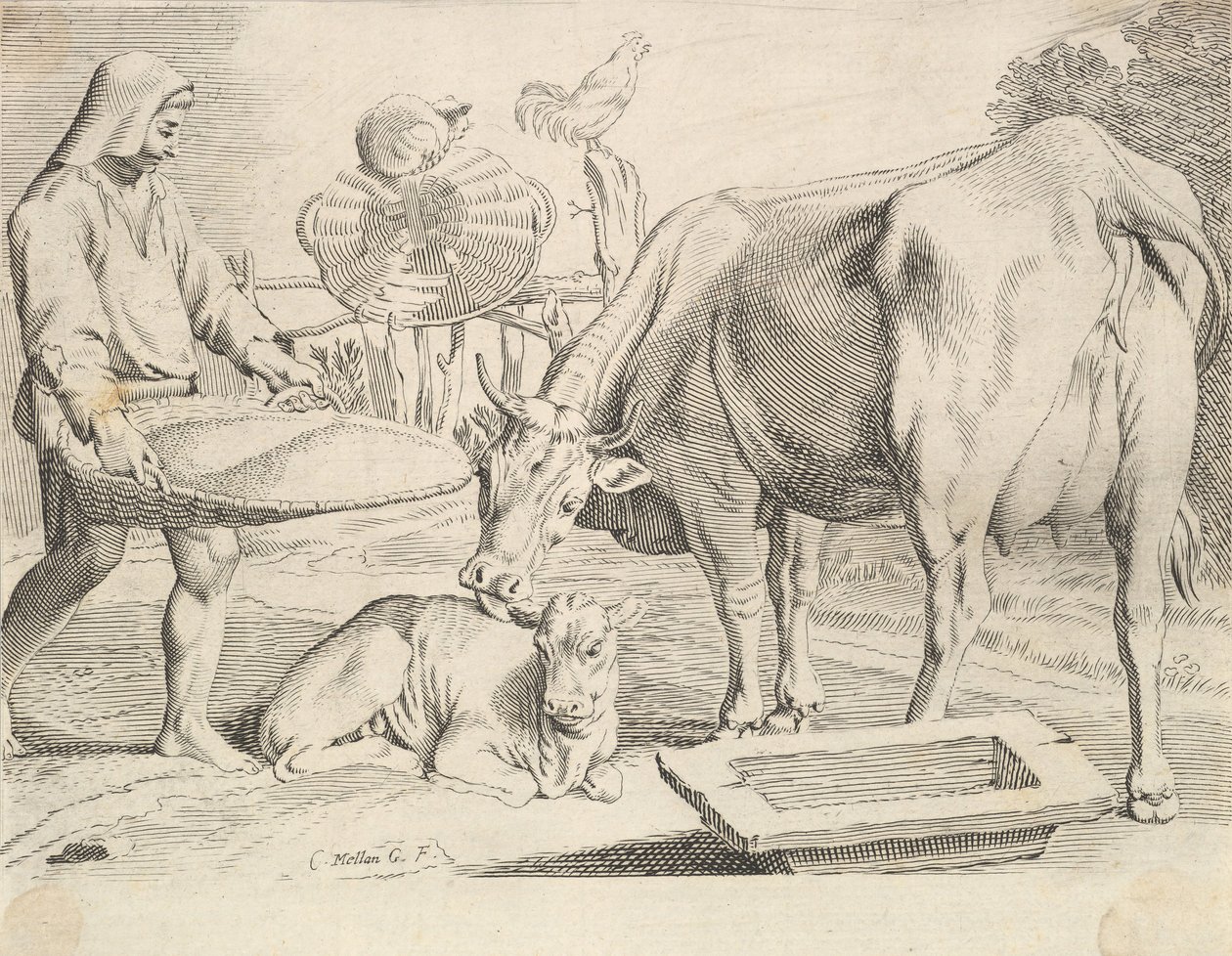 Scène de campagne avec un paysan, une vache et un veau - Claude Mellan