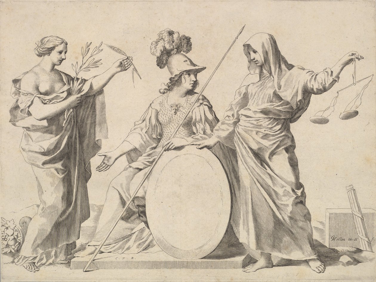 Minerva Flanquée par la Paix et la Justice Armoiries de Gallard et de Mesmes - Claude Mellan