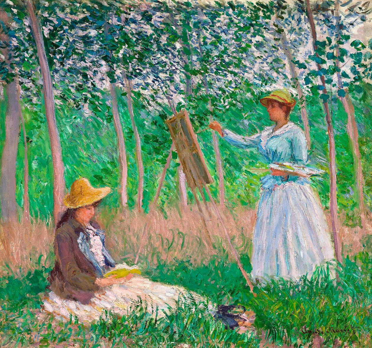 Dans les bois de Giverny : Blanche Hoschedé à son chevalet avec Suzanne Hoschedé lisant, 1887 - Claude Monet