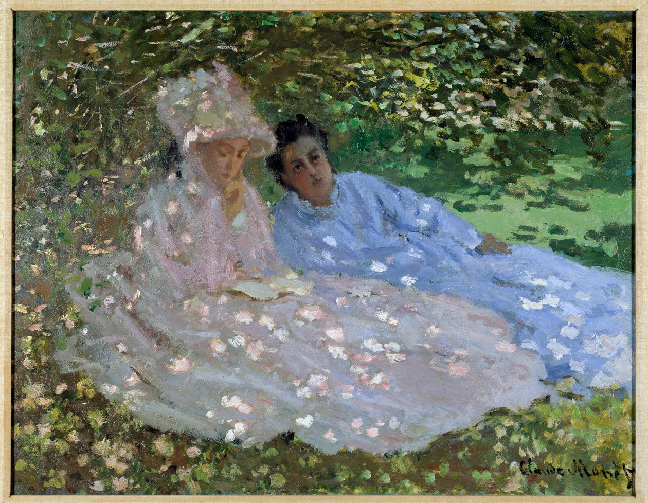 Madame Monet et une amie dans le jardin. Deux femmes assises à l