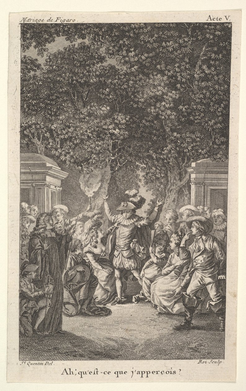 Un jeune garçon tient une torche sous des arbres dans un jardin, au centre un homme lève les deux bras, vers 1784 - Claude Nicolas Malapeau