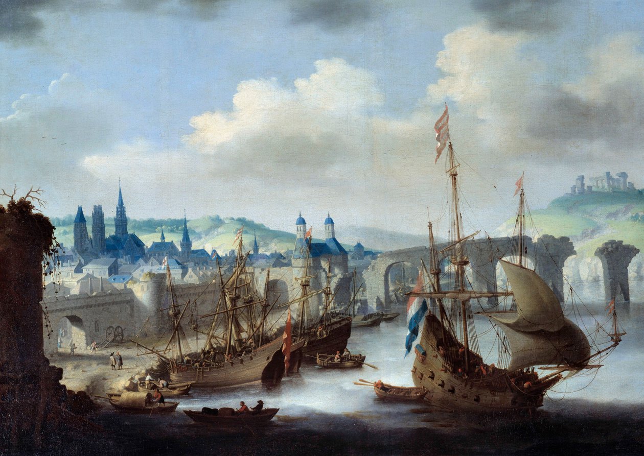 Vue de la ville de Rouen. Les navires sont amarrés sur les rives de la Seine. Peinture de Claude de Jongh - Claude de Jongh