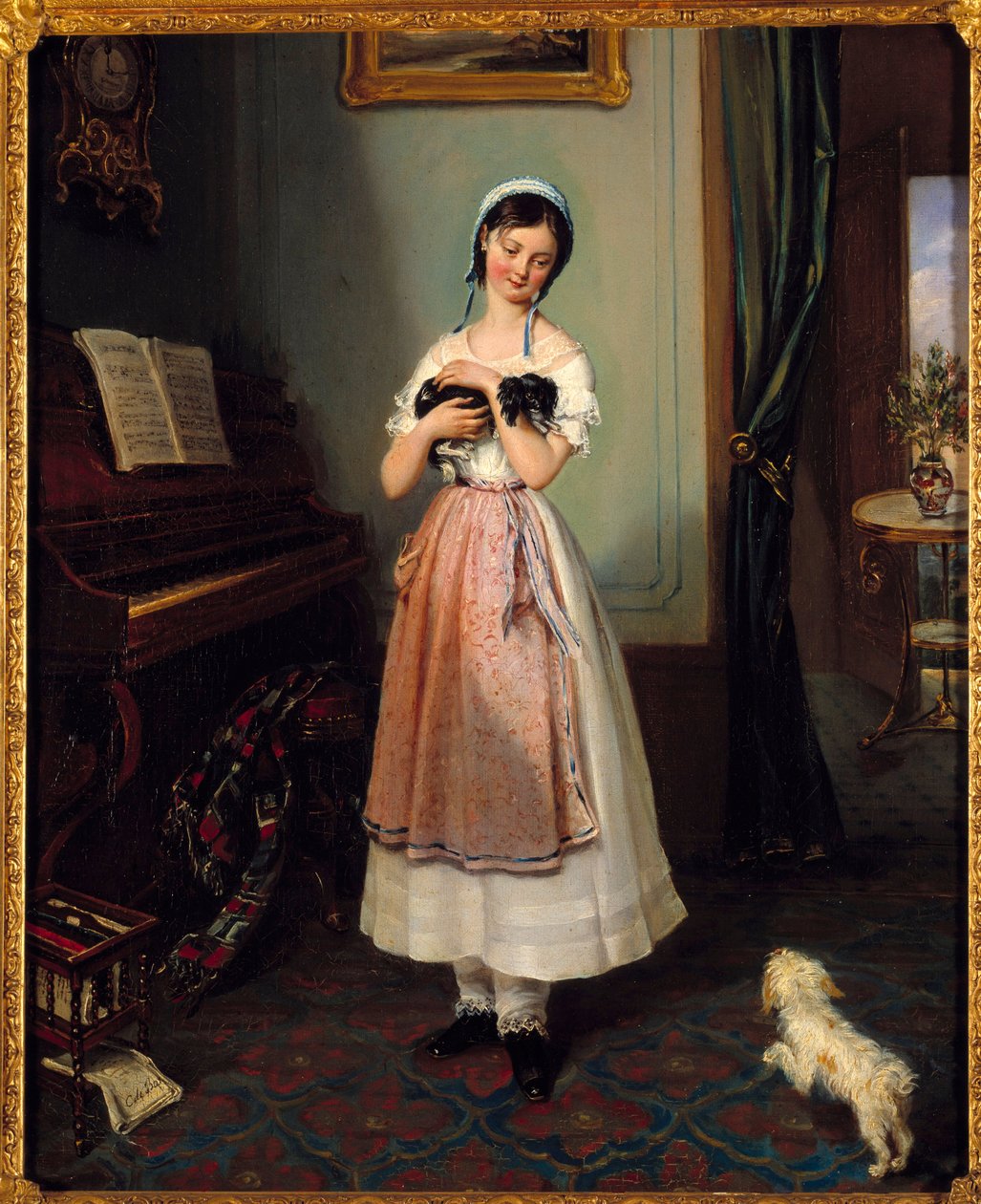Une jeune fille dans un intérieur bourgeois avec deux chiens - Clementine de Bar