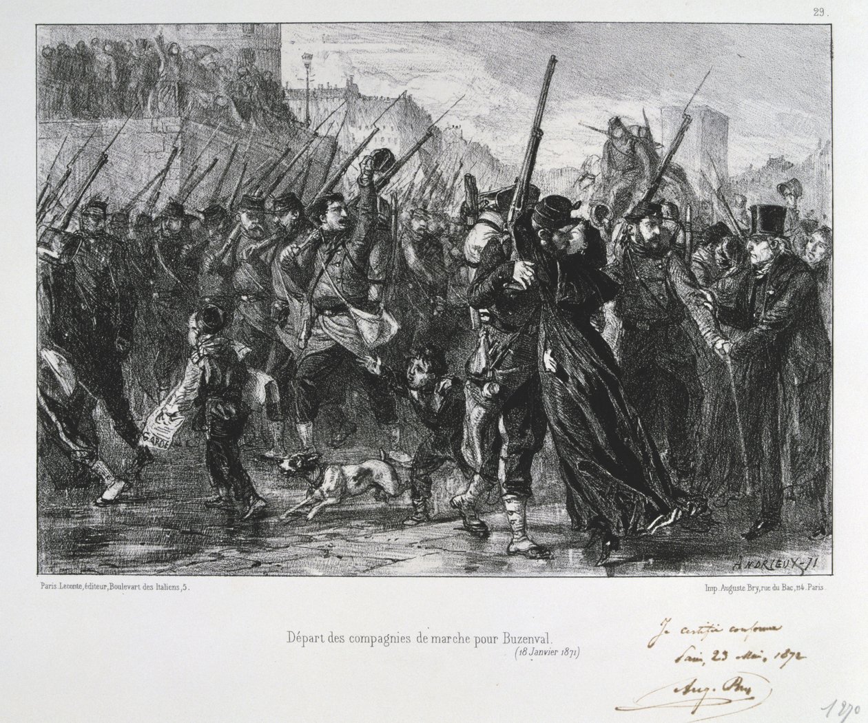 Guerre franco-prussienne 1870-1871 : Bataille de Buzenval (Mont Valérien) près de Versailles, 19 janvier 1871. Garde nationale marchant vers la bataille et la défaite. D